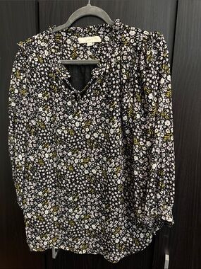 LOFT Black Floral Ruffled Collar Blouse